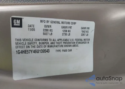 2006 Buick Lucerne Cxs from USA, damaged, VIN 1G4HE57Y46U139543